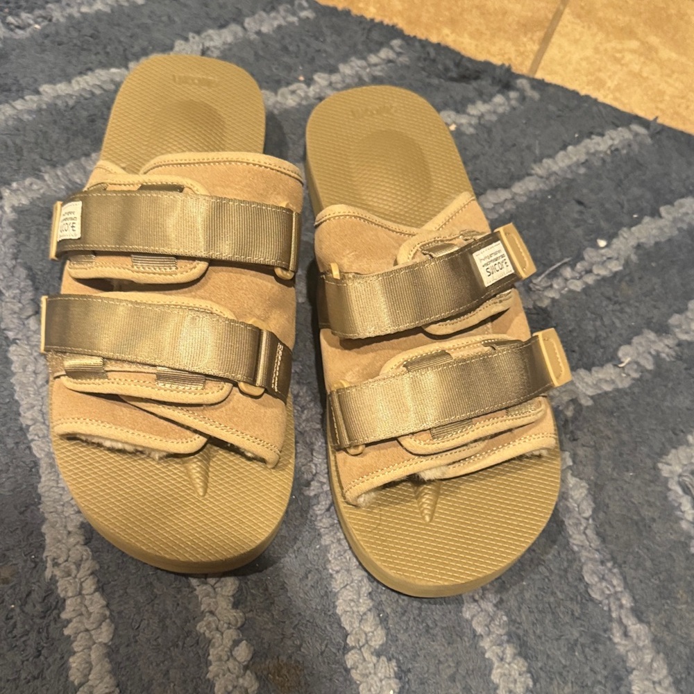Suicoke Beige and Metallic Slide Sandals
